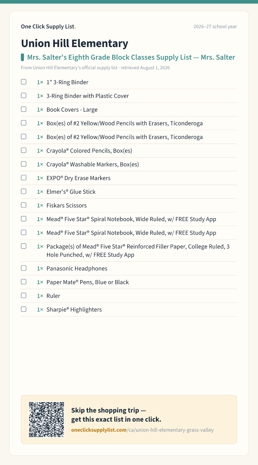 Union Hill Elementary Mrs. Salter's Eighth Grade Block Classes Supply List — Mrs. Salter supply list — printable image
