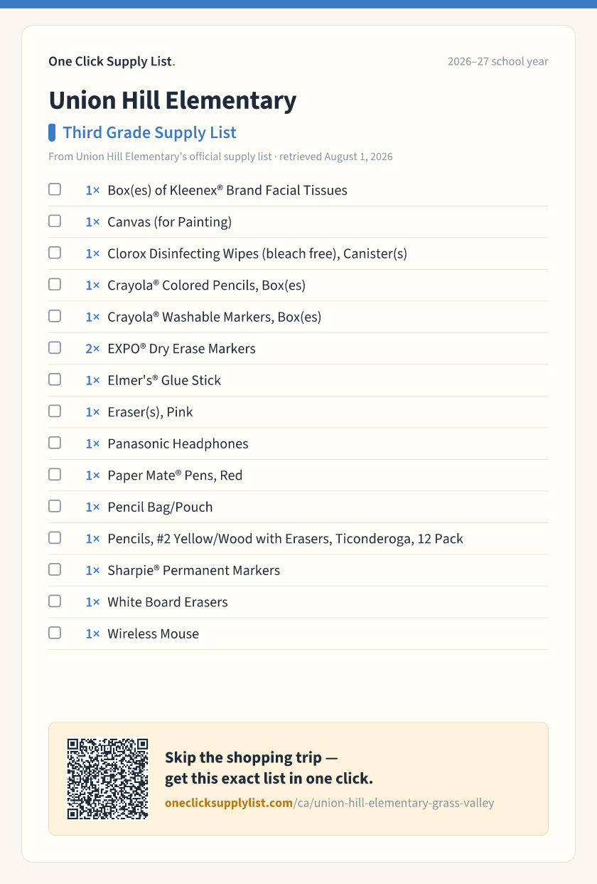Union Hill Elementary Third Grade Supply List supply list — printable image