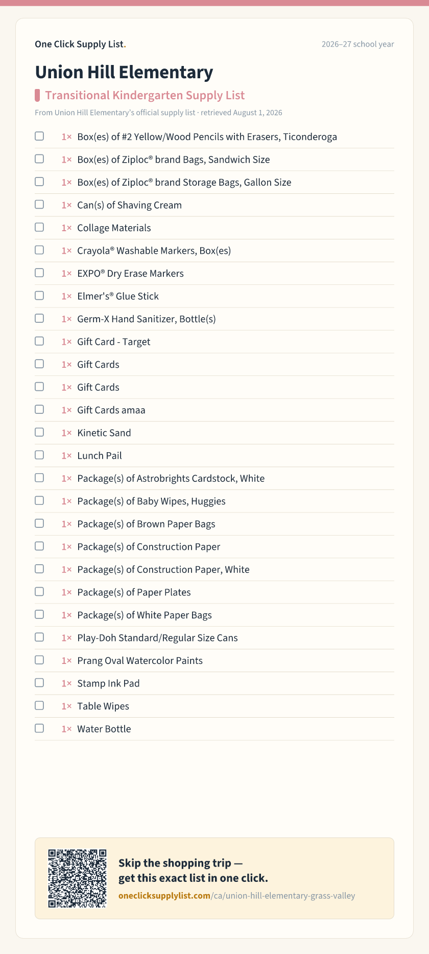Union Hill Elementary Transitional Kindergarten Supply List supply list — printable image