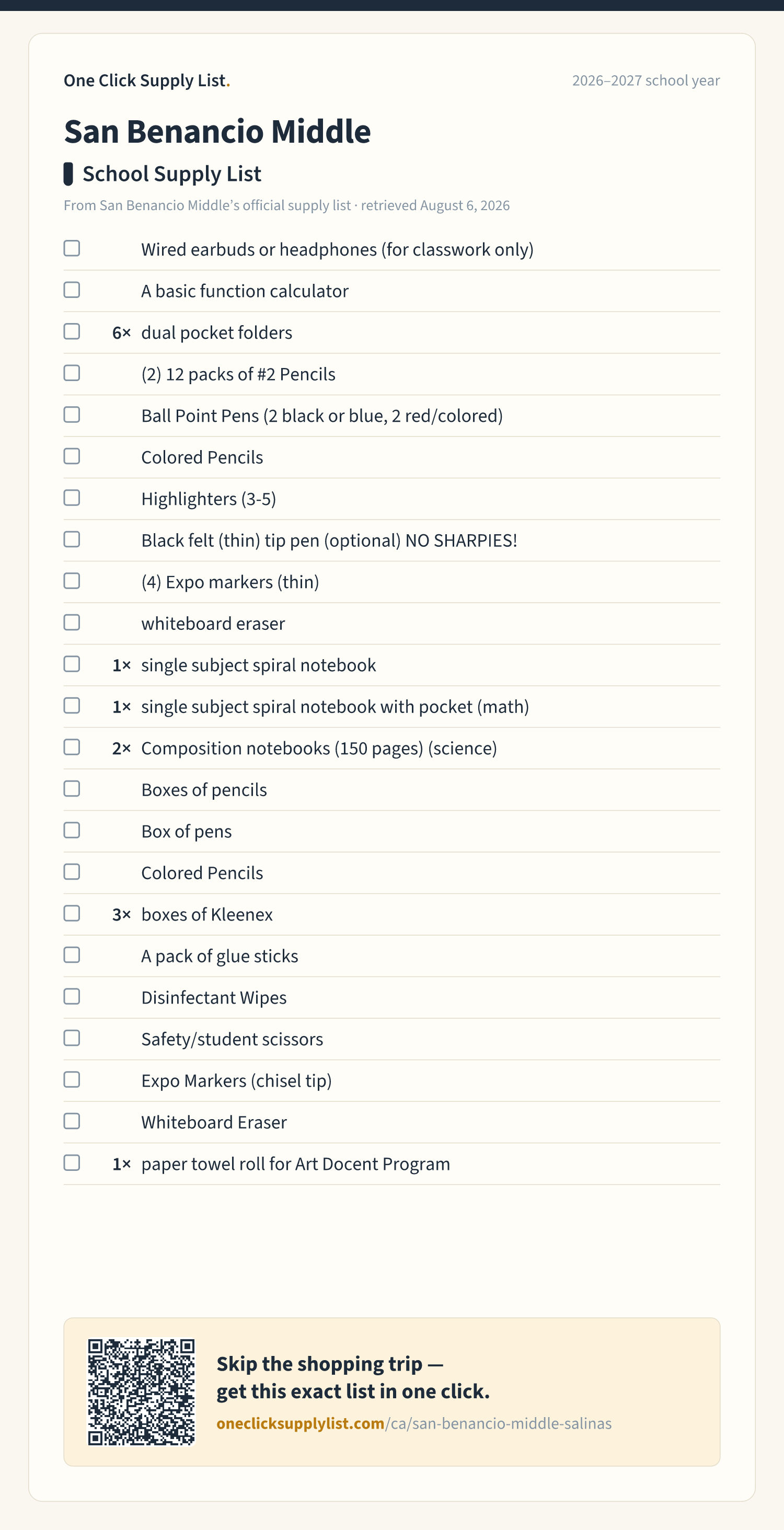 San Benancio Middle School Supply List supply list — printable image