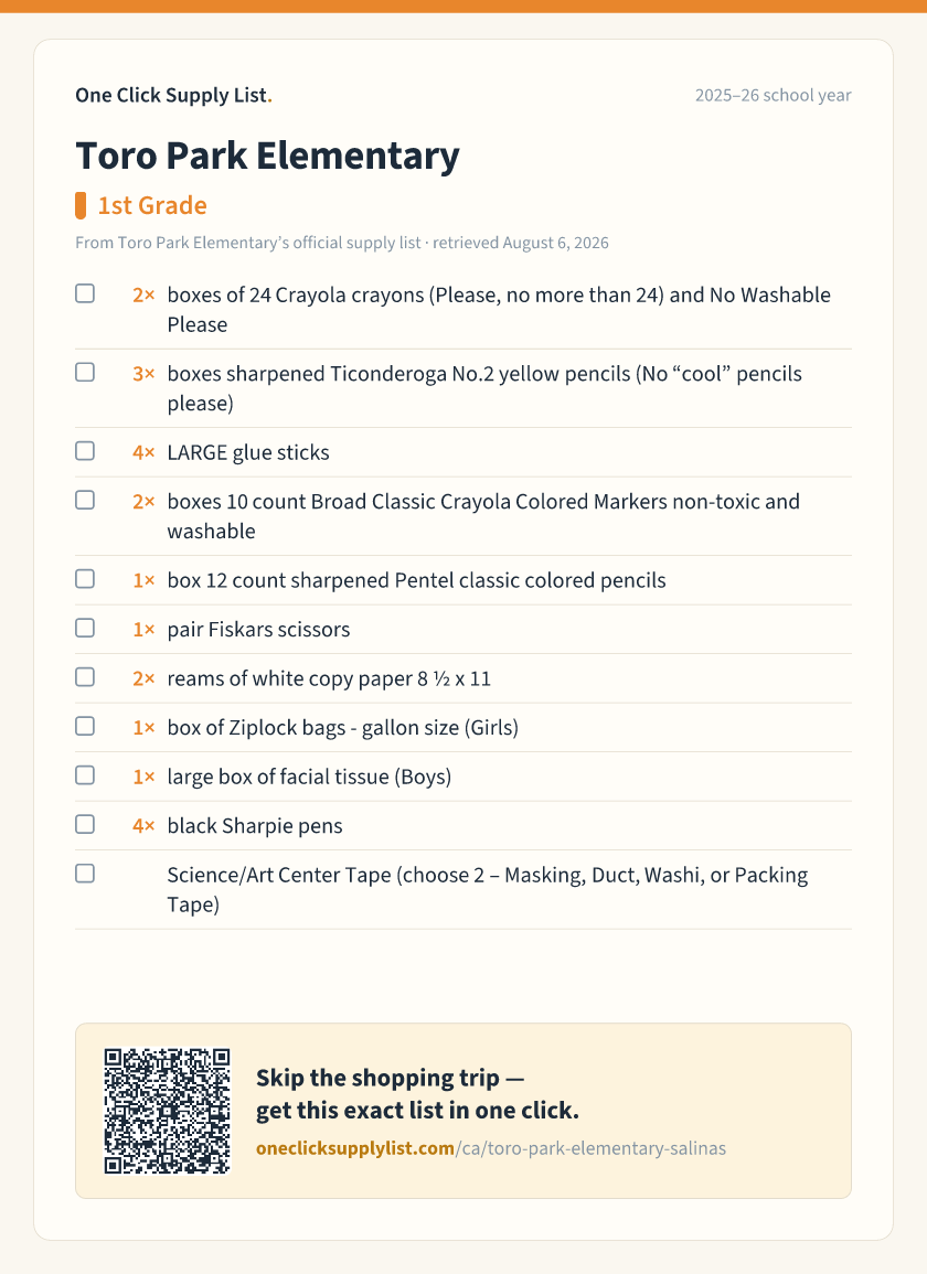 Toro Park Elementary 1st Grade supply list — printable image