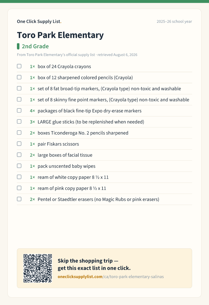 Toro Park Elementary 2nd Grade supply list — printable image