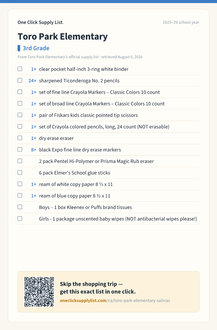 Toro Park Elementary 3rd Grade supply list — printable image