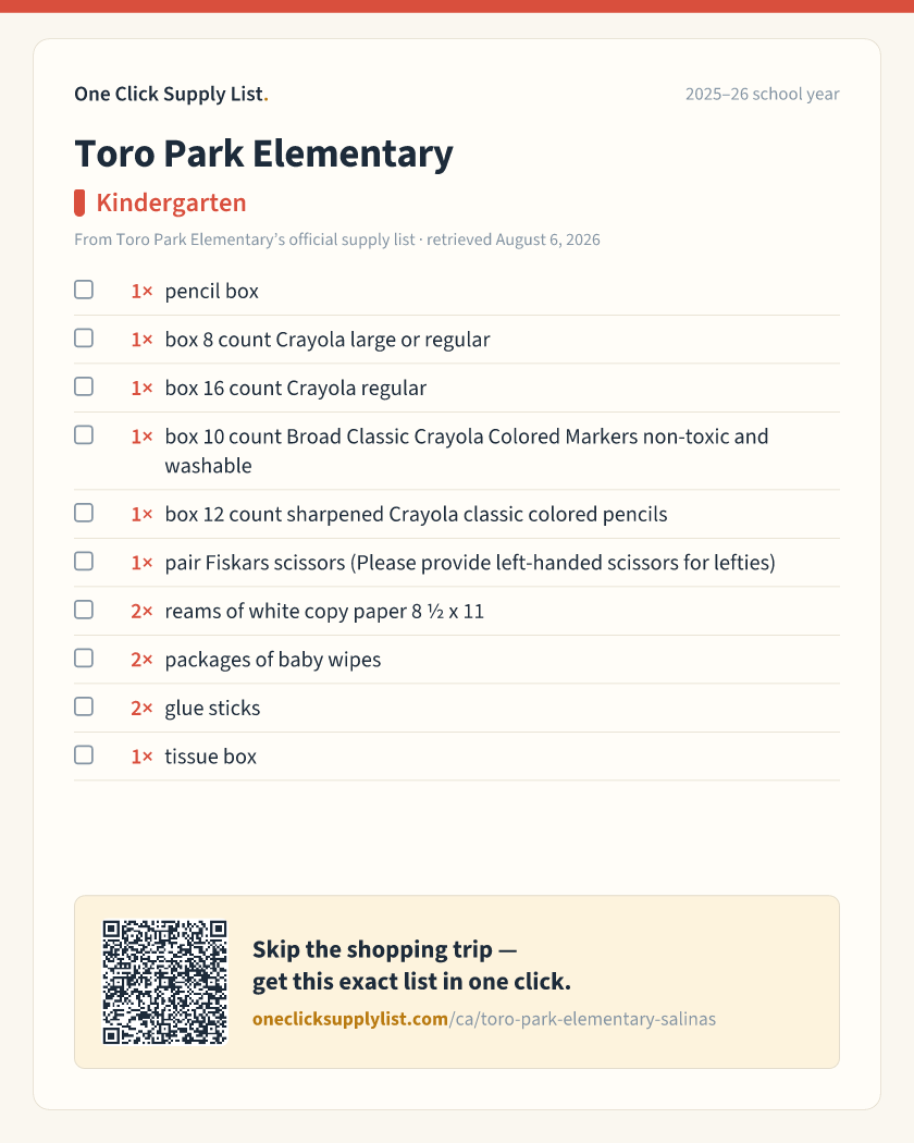 Toro Park Elementary Kindergarten supply list — printable image