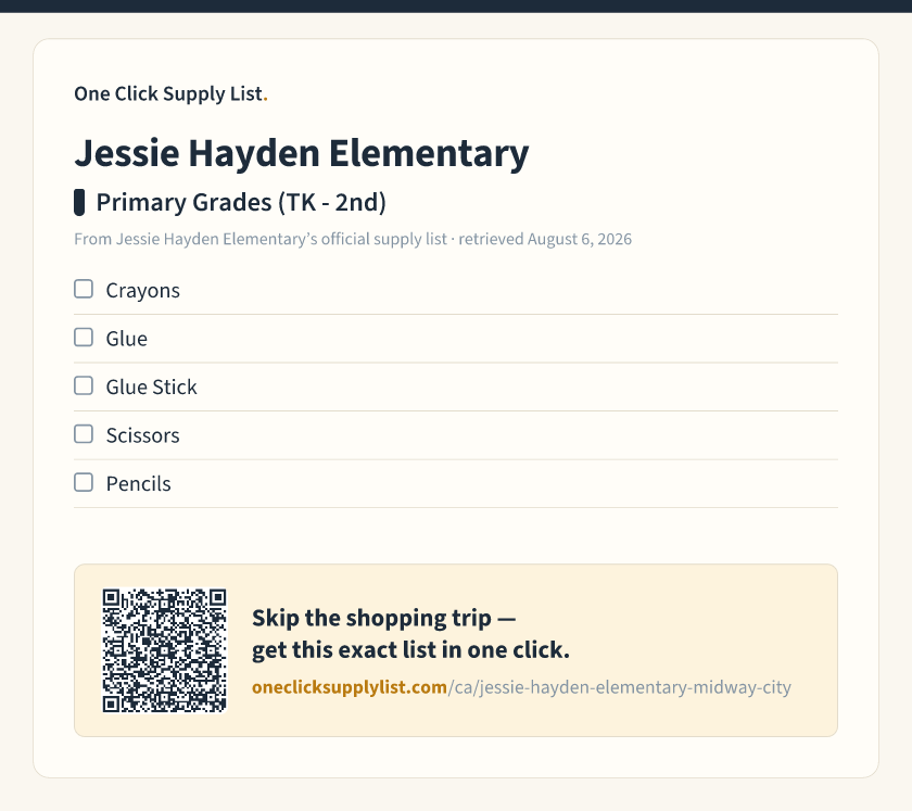 Jessie Hayden Elementary Primary Grades (TK - 2nd) supply list — printable image