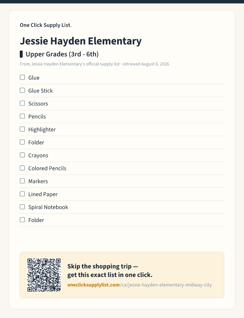 Jessie Hayden Elementary Upper Grades (3rd - 6th) supply list — printable image