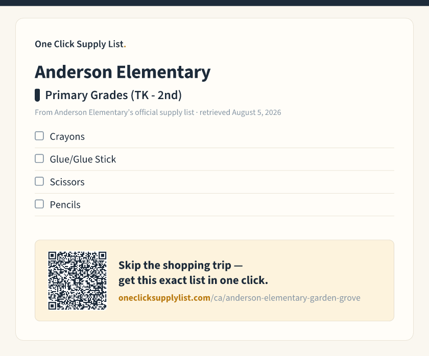 Anderson Elementary Primary Grades (TK - 2nd) supply list — printable image