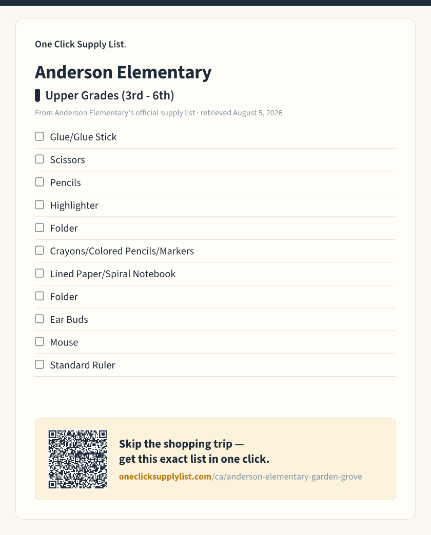 Anderson Elementary Upper Grades (3rd - 6th) supply list — printable image