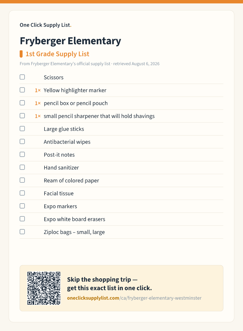 Fryberger Elementary 1st Grade Supply List supply list — printable image