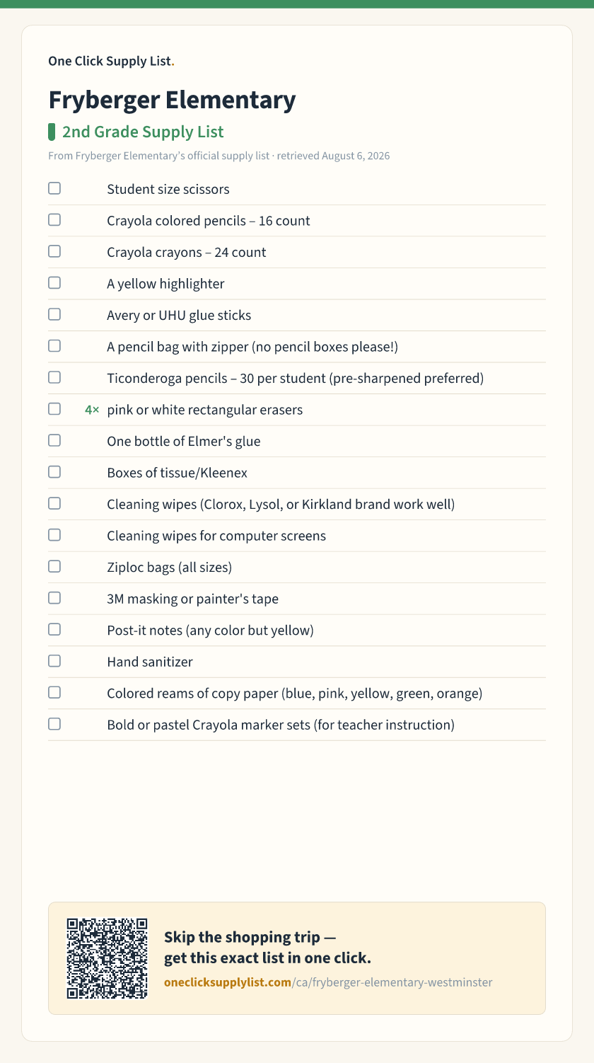 Fryberger Elementary 2nd Grade Supply List supply list — printable image