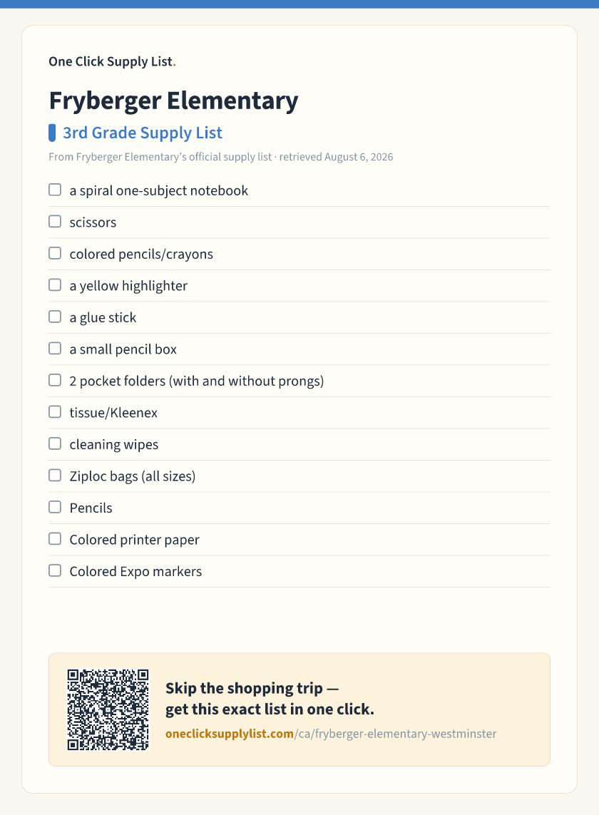 Fryberger Elementary 3rd Grade Supply List supply list — printable image