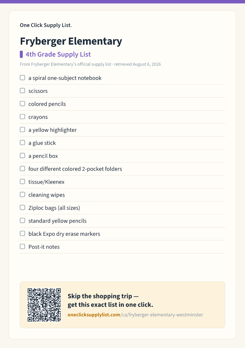 Fryberger Elementary 4th Grade Supply List supply list — printable image
