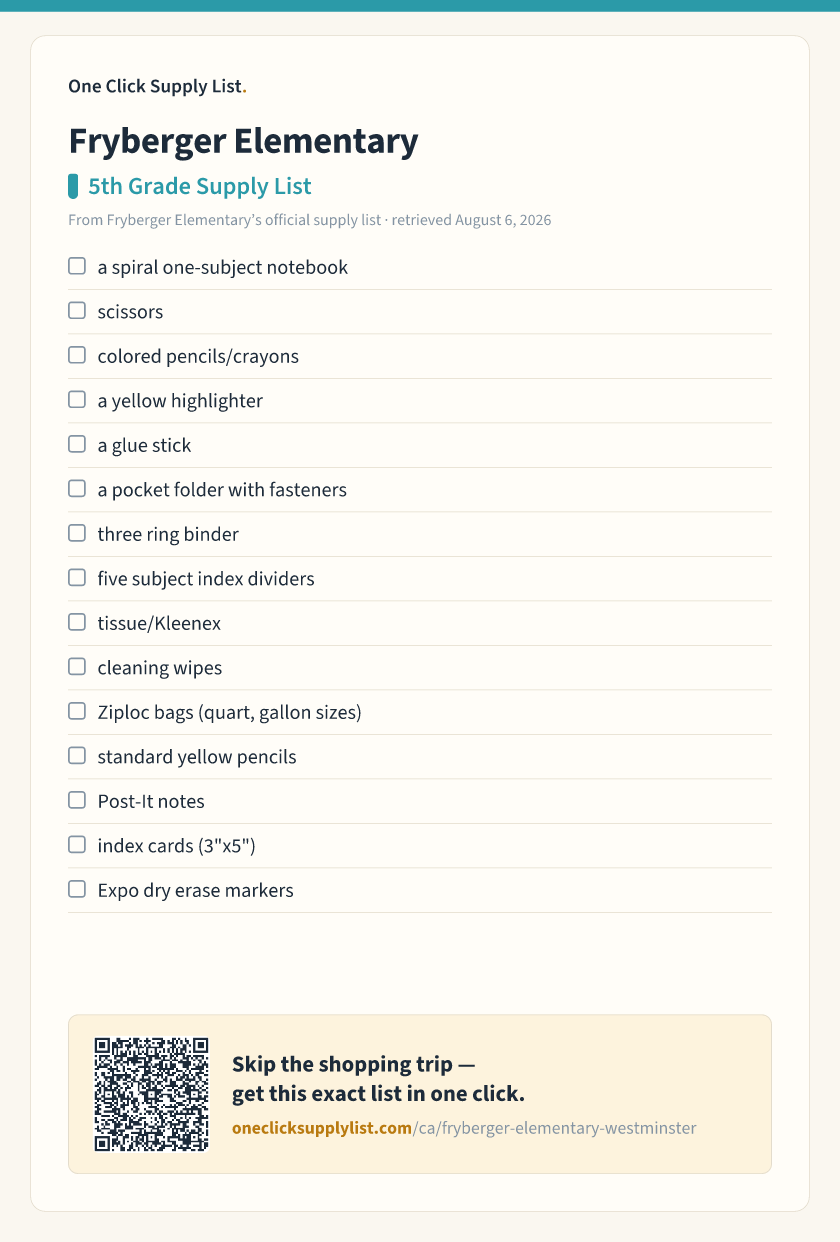 Fryberger Elementary 5th Grade Supply List supply list — printable image