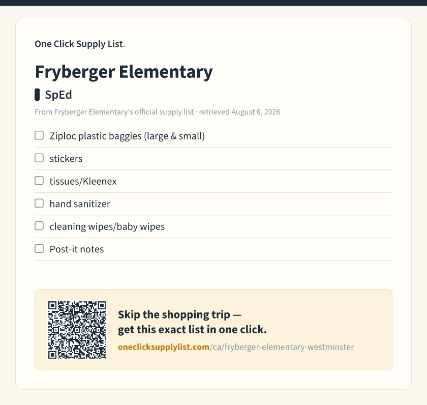 Fryberger Elementary SpEd supply list — printable image