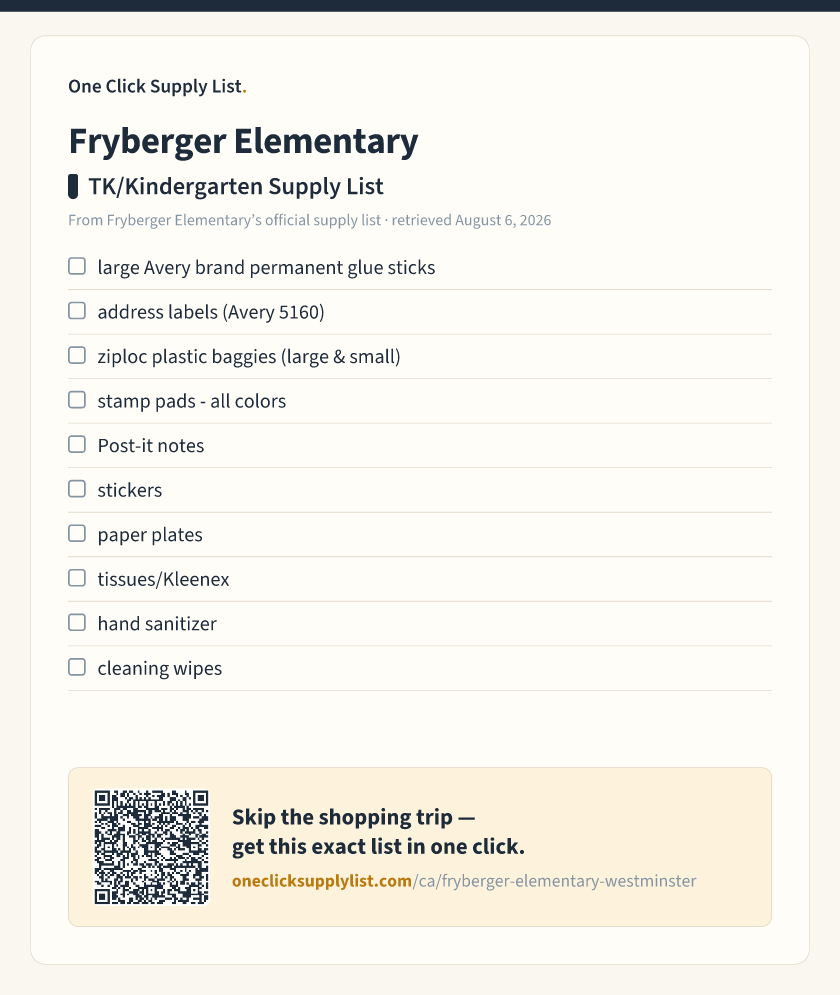 Fryberger Elementary TK/Kindergarten Supply List supply list — printable image