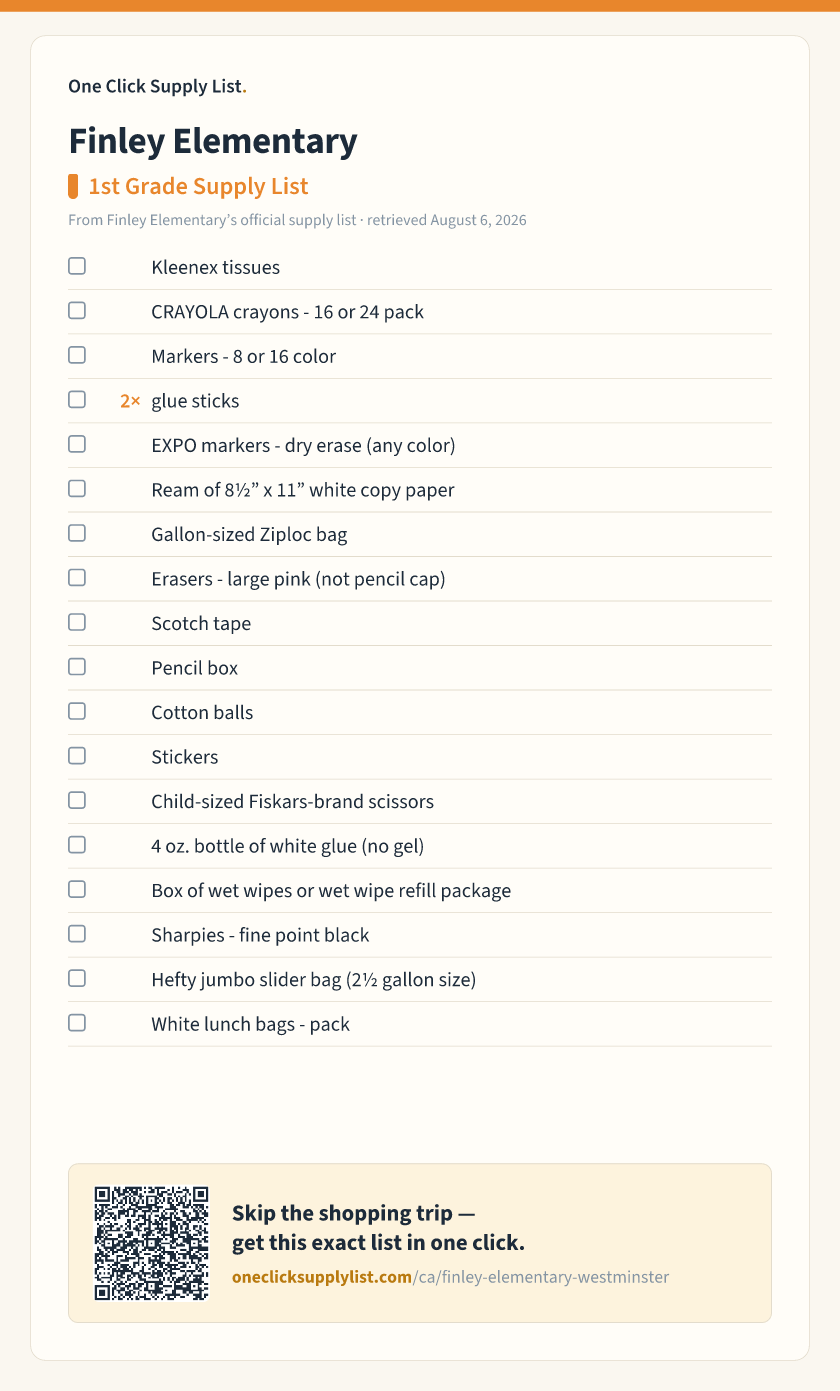 Finley Elementary 1st Grade Supply List supply list — printable image