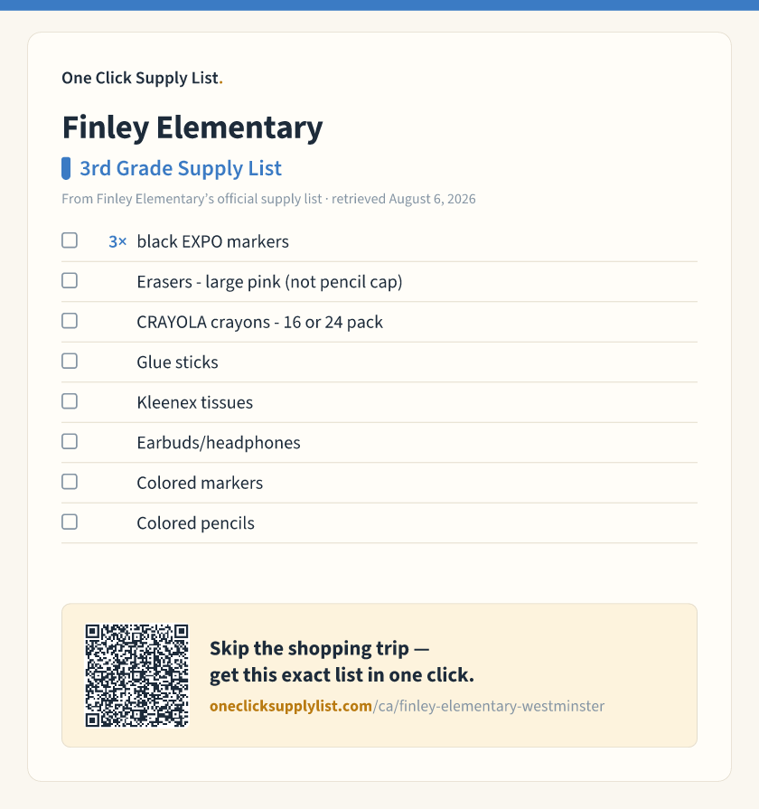 Finley Elementary 3rd Grade Supply List supply list — printable image
