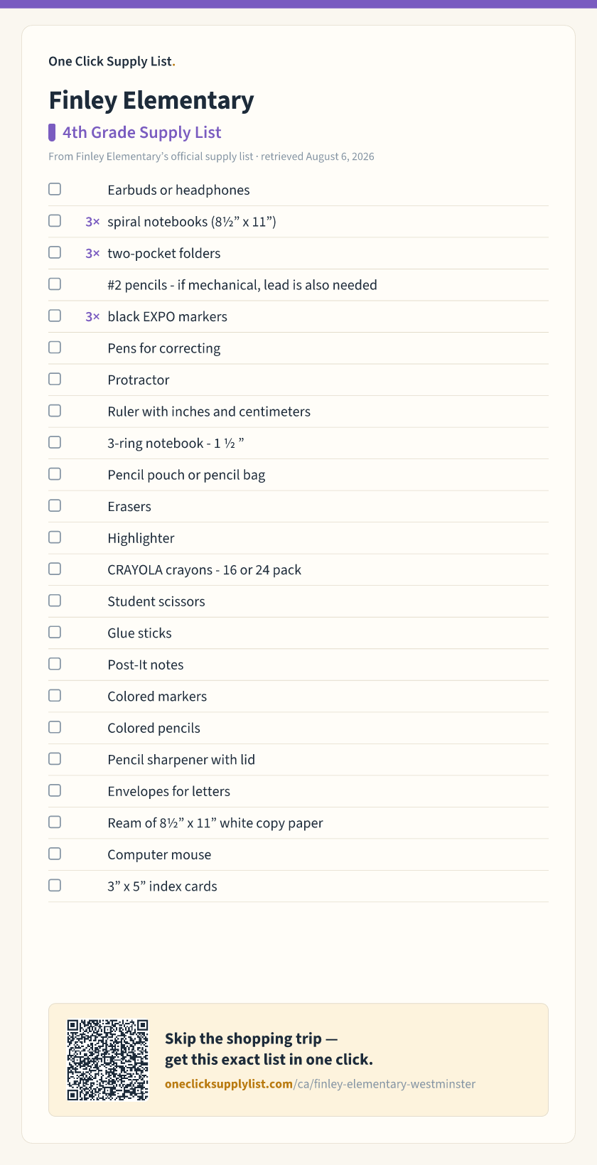 Finley Elementary 4th Grade Supply List supply list — printable image