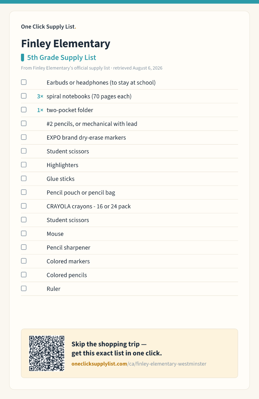 Finley Elementary 5th Grade Supply List supply list — printable image