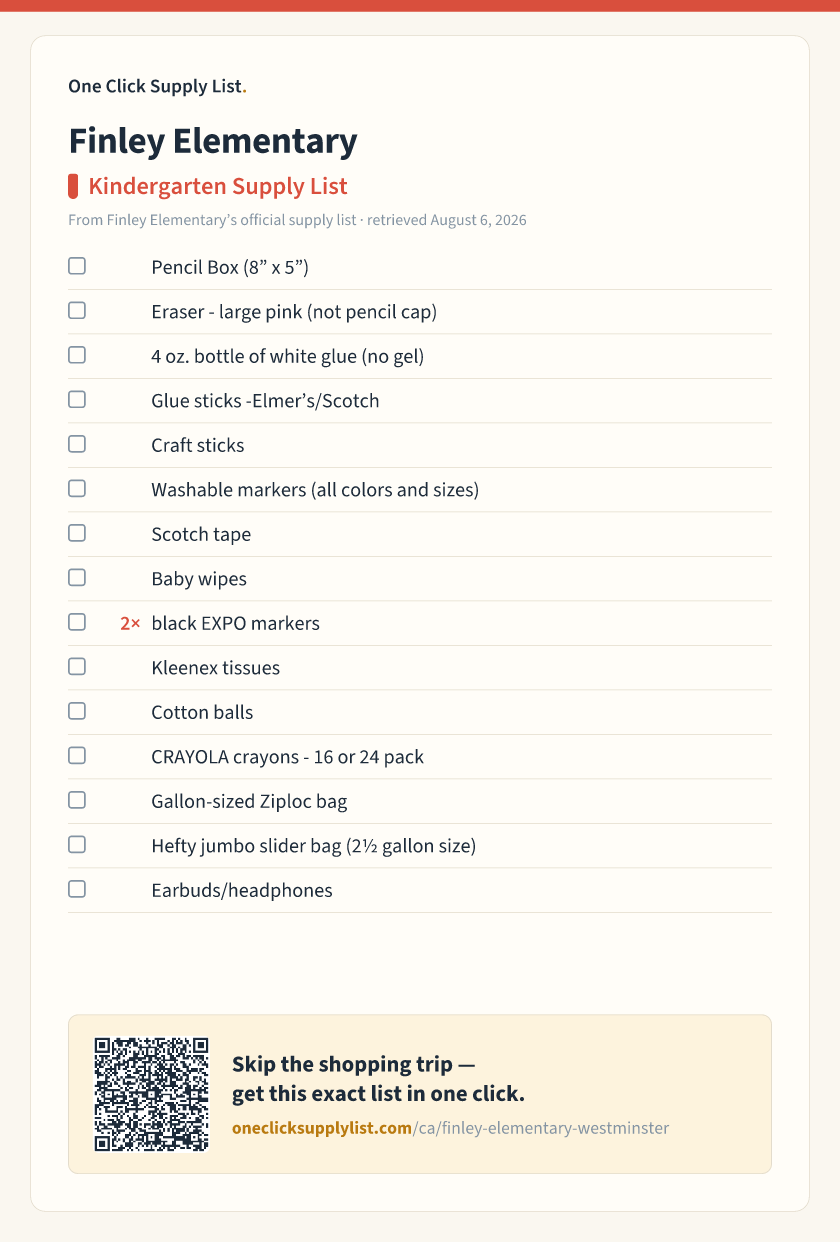 Finley Elementary Kindergarten Supply List supply list — printable image