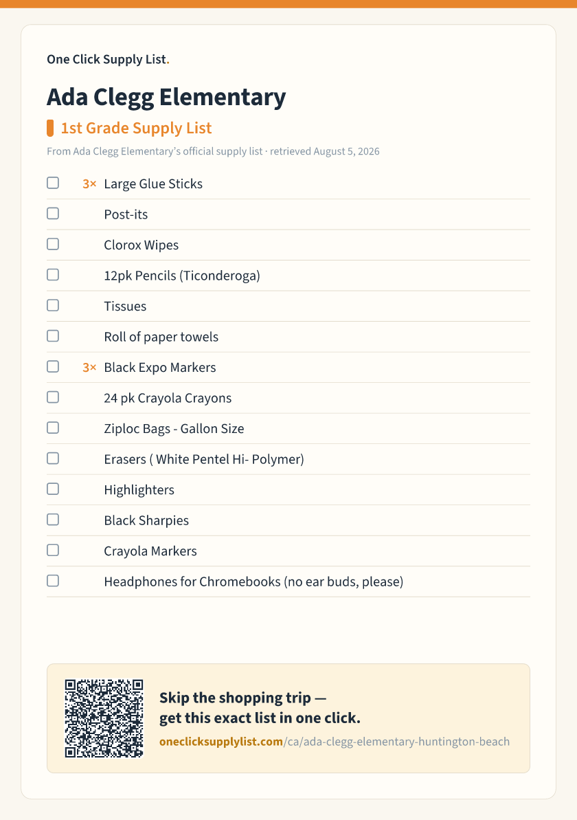 Ada Clegg Elementary 1st Grade Supply List supply list — printable image