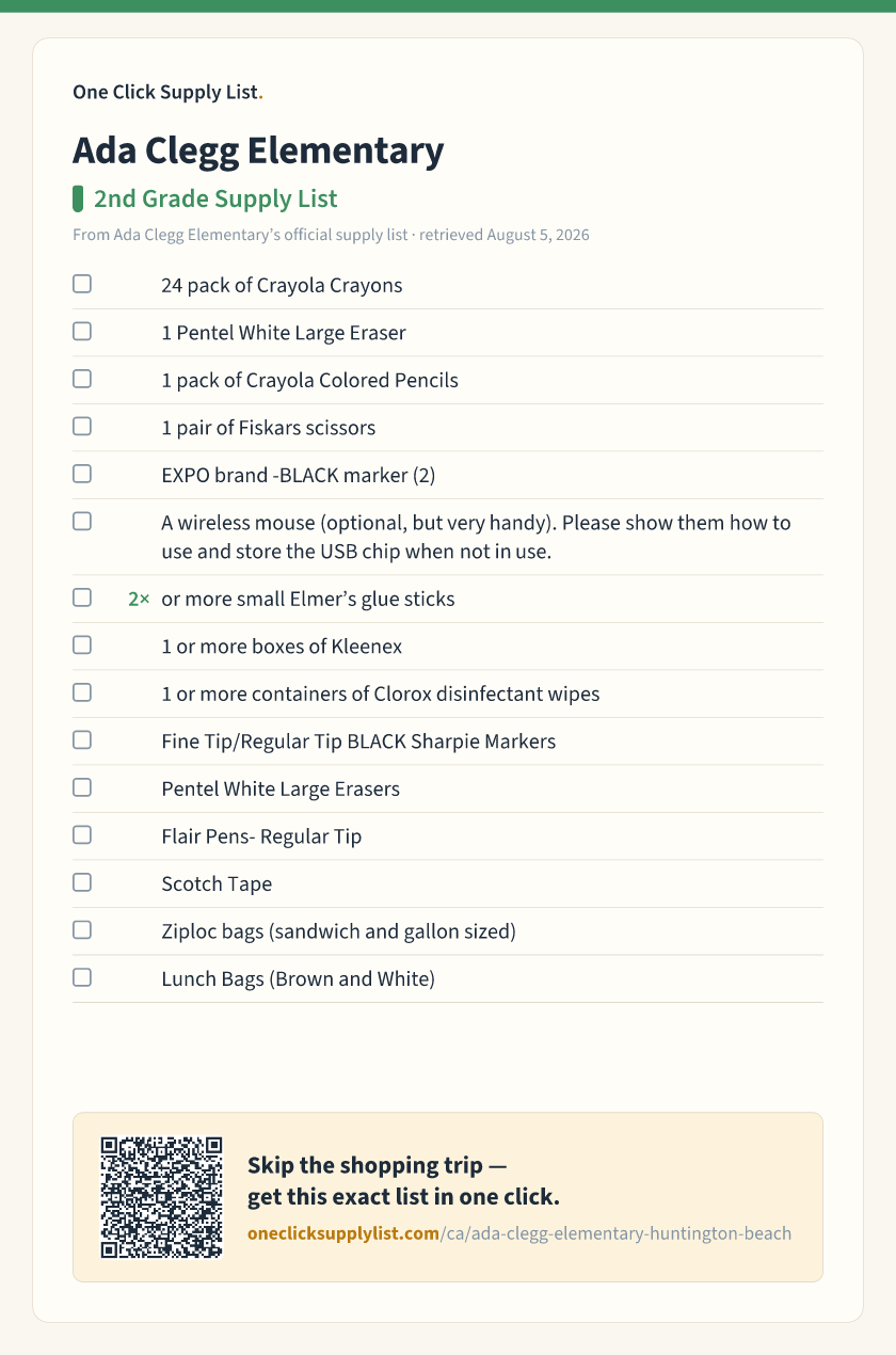 Ada Clegg Elementary 2nd Grade Supply List supply list — printable image