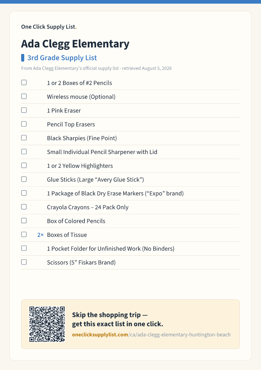 Ada Clegg Elementary 3rd Grade Supply List supply list — printable image
