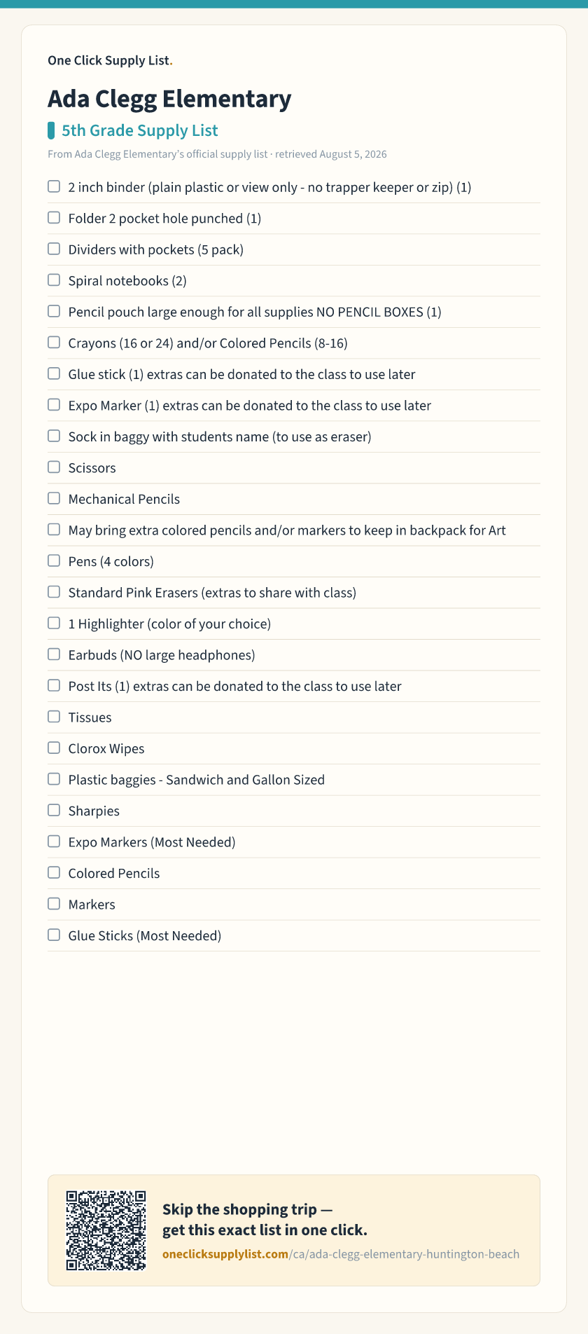 Ada Clegg Elementary 5th Grade Supply List supply list — printable image