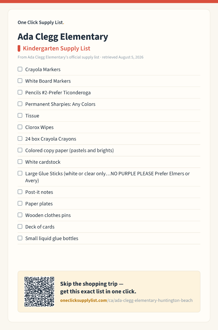 Ada Clegg Elementary Kindergarten Supply List supply list — printable image