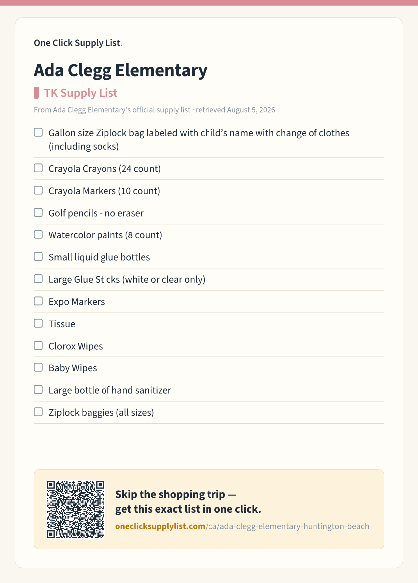 Ada Clegg Elementary TK Supply List supply list — printable image