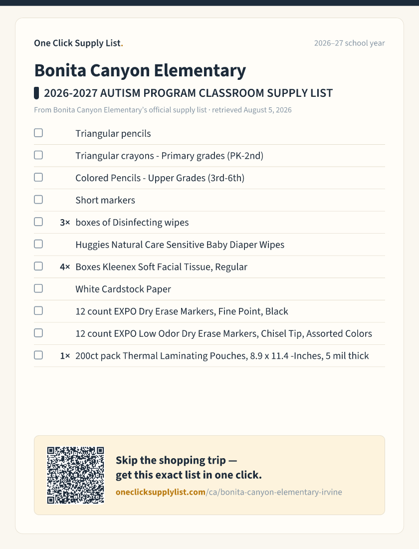 Bonita Canyon Elementary 2026-2027 AUTISM PROGRAM CLASSROOM SUPPLY LIST supply list — printable image
