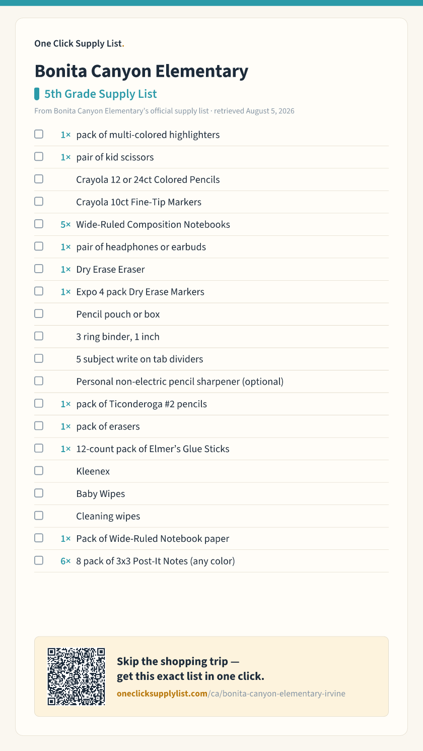 Bonita Canyon Elementary 5th Grade Supply List supply list — printable image