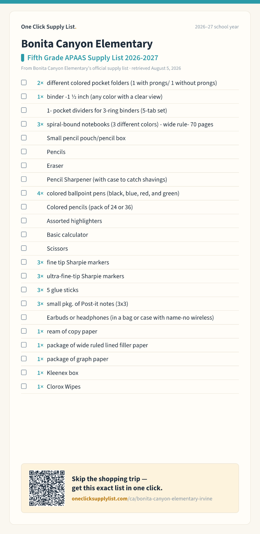 Bonita Canyon Elementary Fifth Grade APAAS Supply List 2026-2027 supply list — printable image
