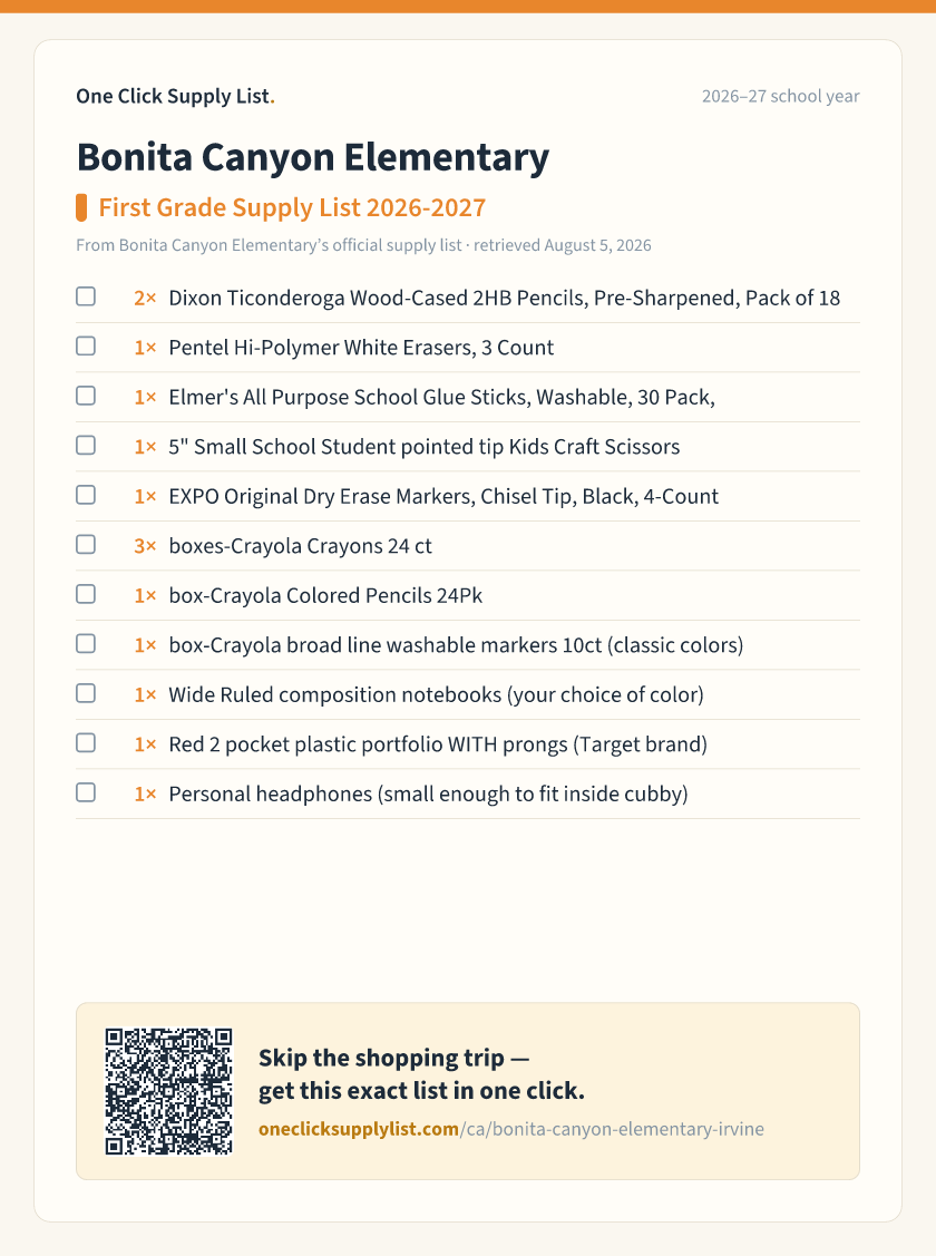 Bonita Canyon Elementary First Grade Supply List 2026-2027 supply list — printable image