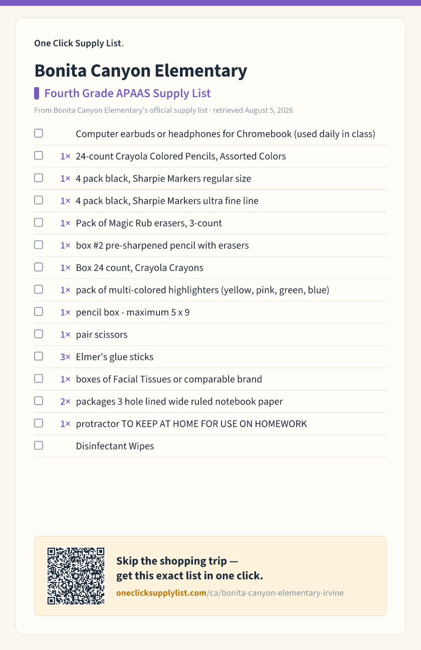 Bonita Canyon Elementary Fourth Grade APAAS Supply List supply list — printable image