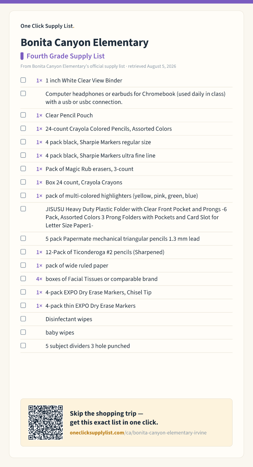 Bonita Canyon Elementary Fourth Grade Supply List supply list — printable image