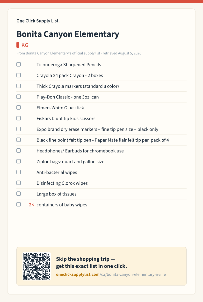 Bonita Canyon Elementary KG supply list — printable image