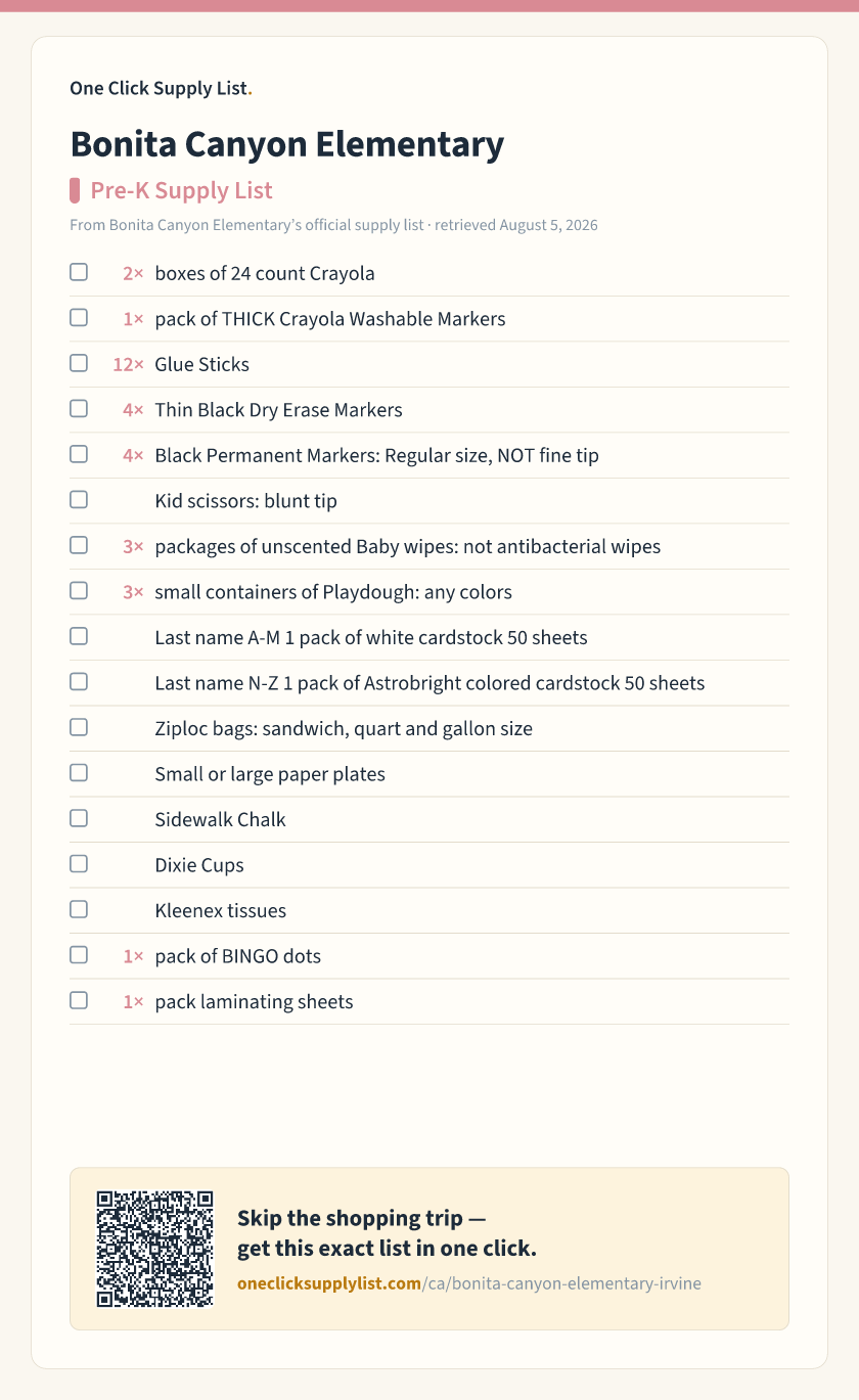 Bonita Canyon Elementary Pre-K Supply List supply list — printable image