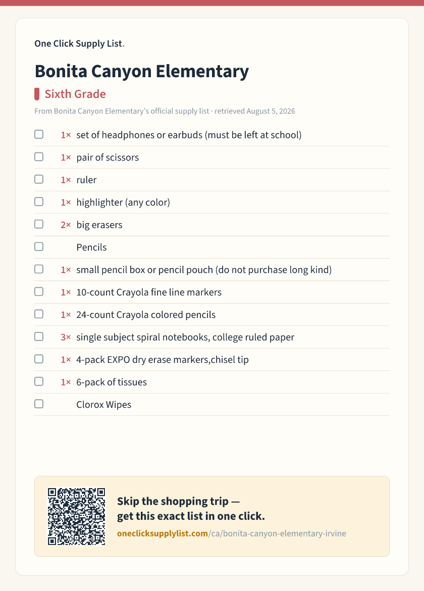 Bonita Canyon Elementary Sixth Grade supply list — printable image