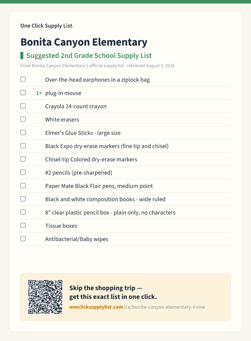 Bonita Canyon Elementary Suggested 2nd Grade School Supply List supply list — printable image