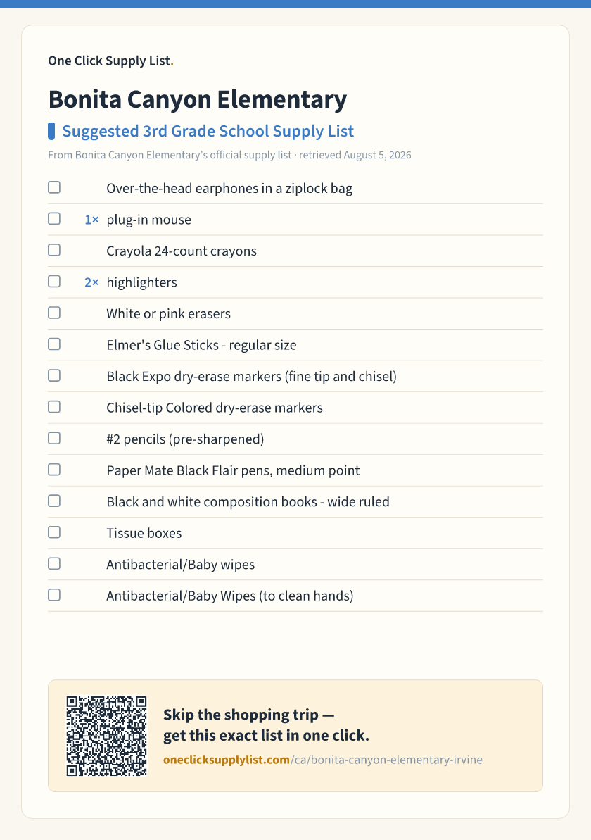 Bonita Canyon Elementary Suggested 3rd Grade School Supply List supply list — printable image