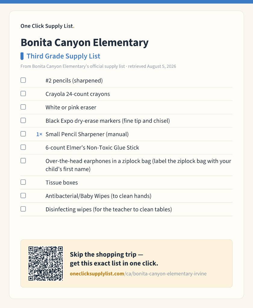 Bonita Canyon Elementary Third Grade Supply List supply list — printable image