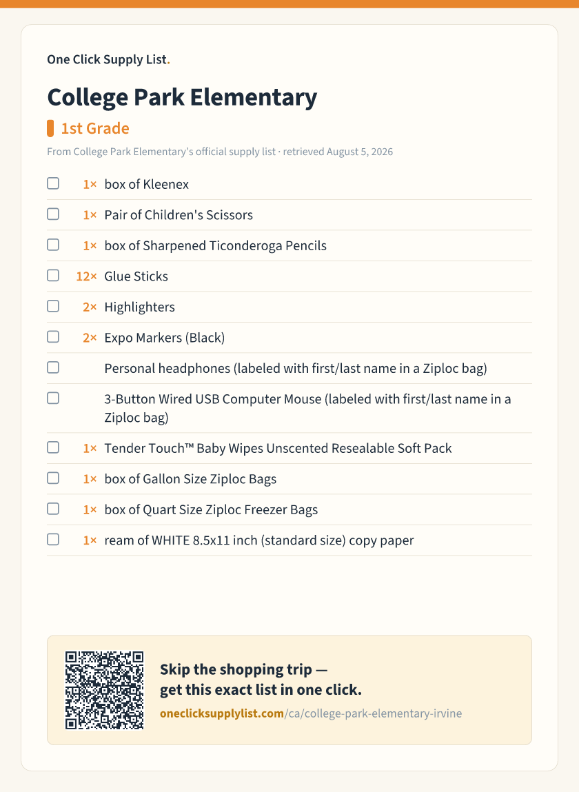 College Park Elementary 1st Grade supply list — printable image