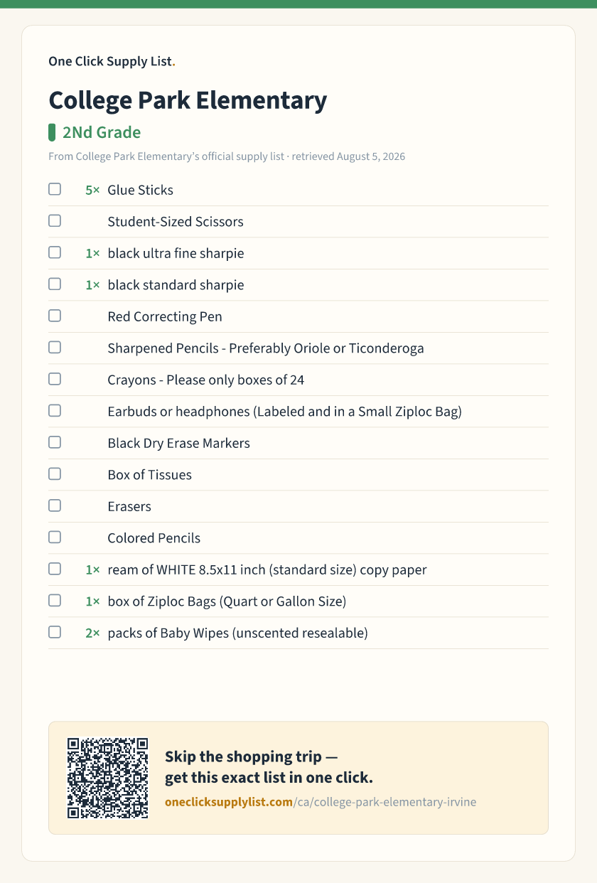 College Park Elementary 2Nd Grade supply list — printable image