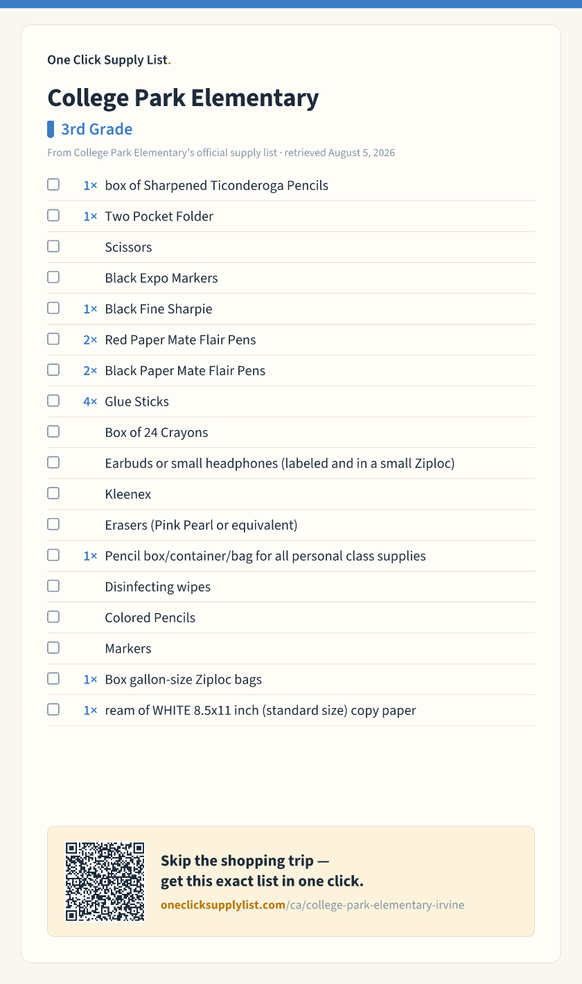 College Park Elementary 3rd Grade supply list — printable image