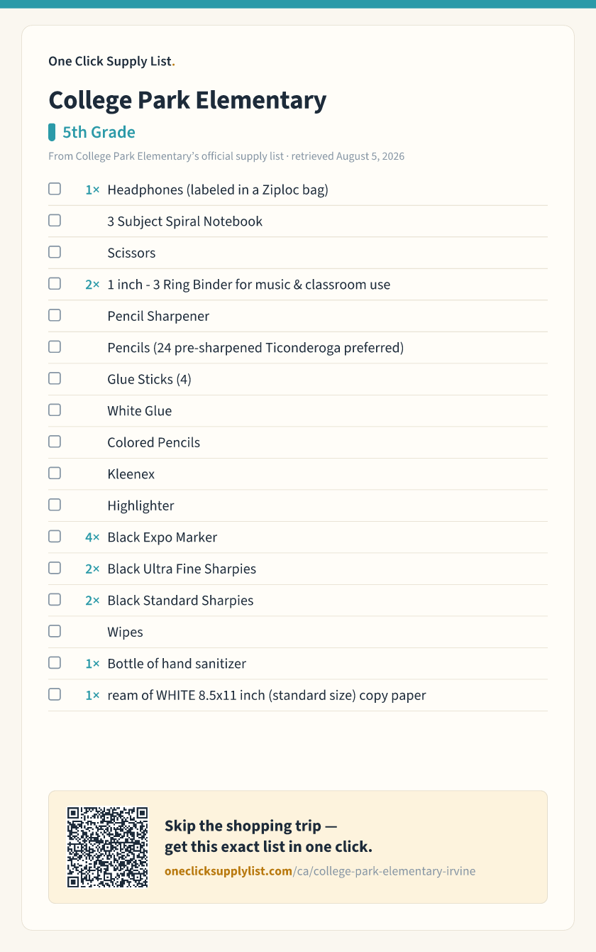 College Park Elementary 5th Grade supply list — printable image