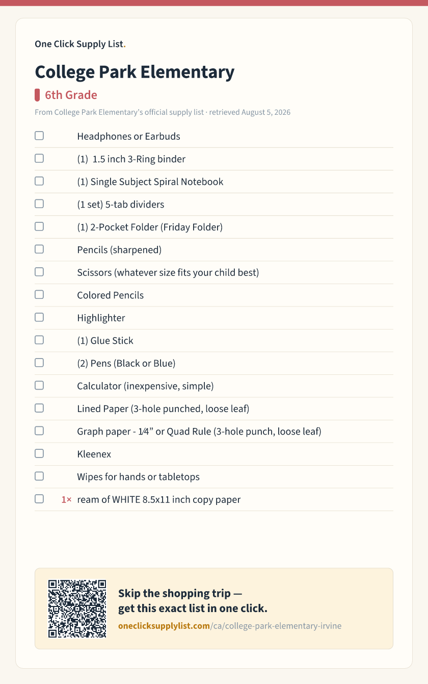 College Park Elementary 6th Grade supply list — printable image