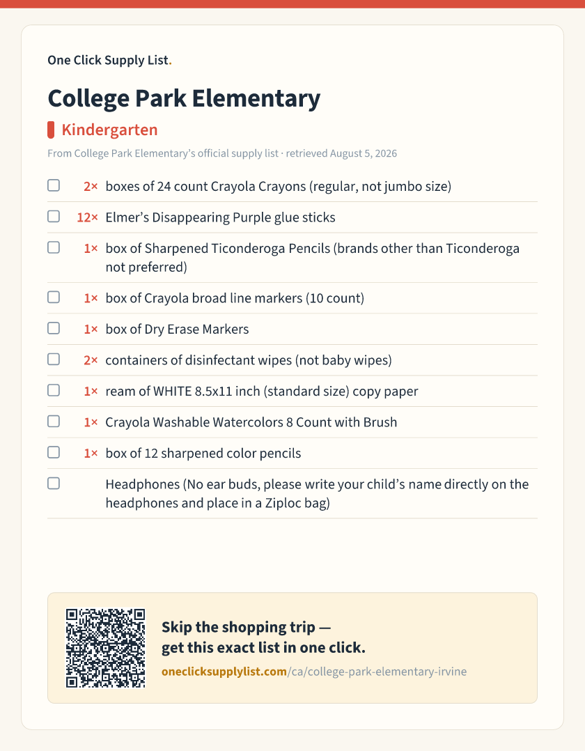 College Park Elementary Kindergarten supply list — printable image
