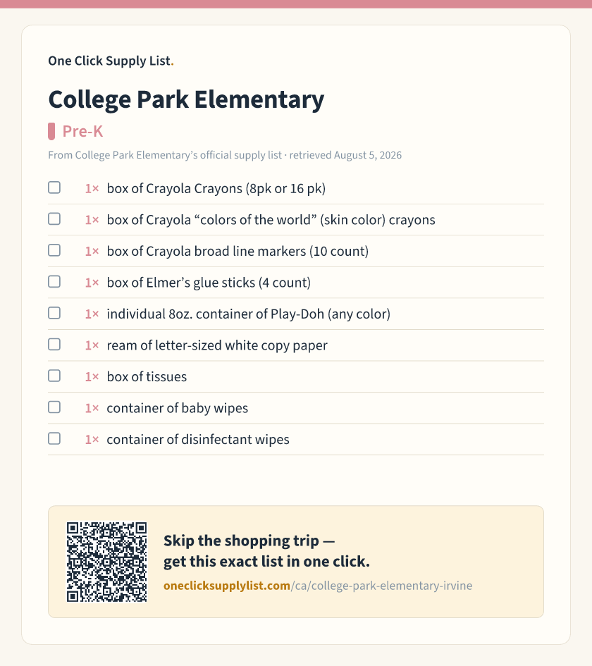 College Park Elementary Pre-K supply list — printable image