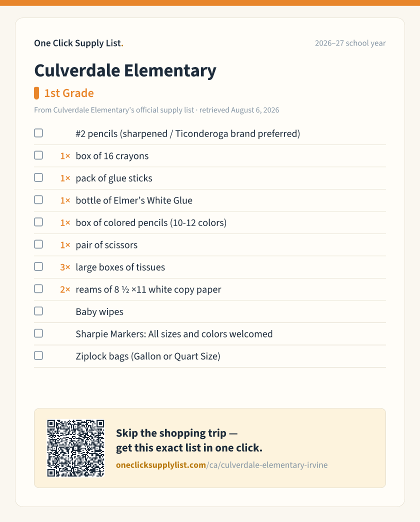 Culverdale Elementary 1st Grade supply list — printable image